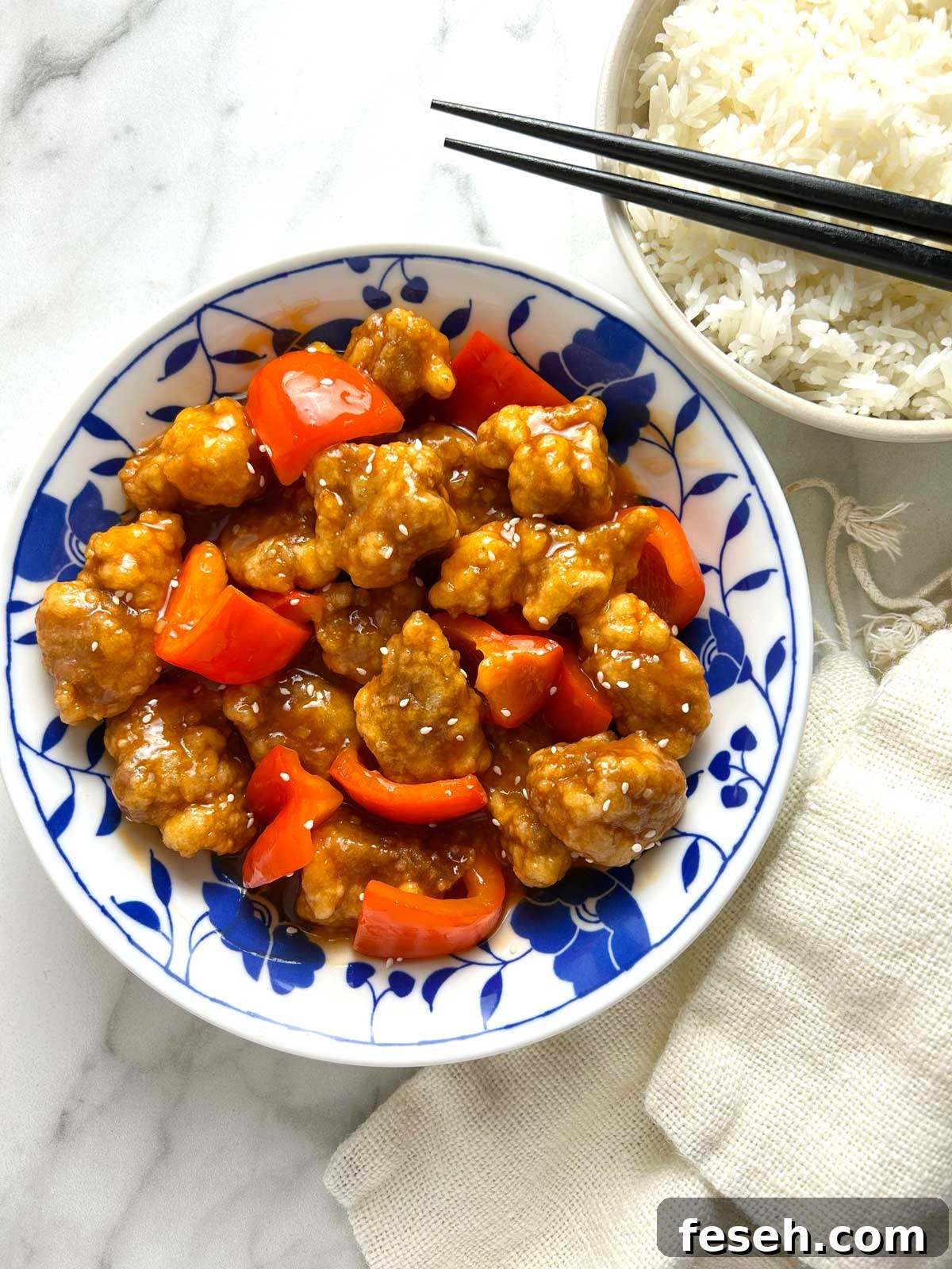 overhead shot of sweet and sour pork on plate
