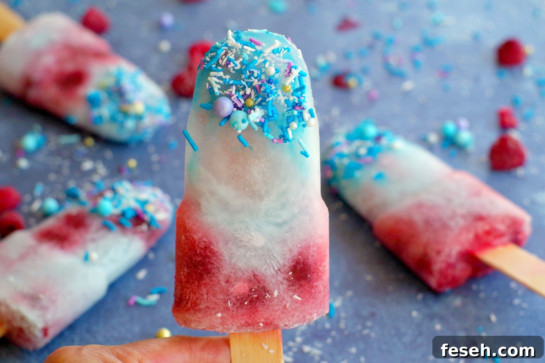 coconut blue raspberry popsicle being held up in front of 3 other popsicles
