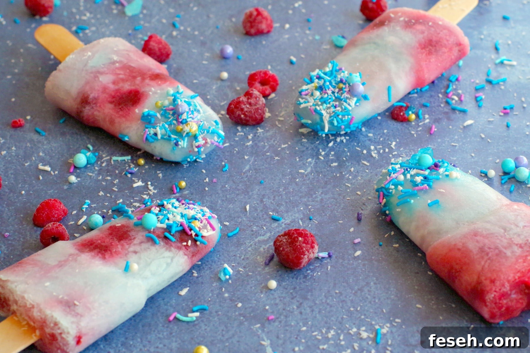 4 blue raspberry popsicles on blue surface with coconut, frozen raspberries and sprinkles all around