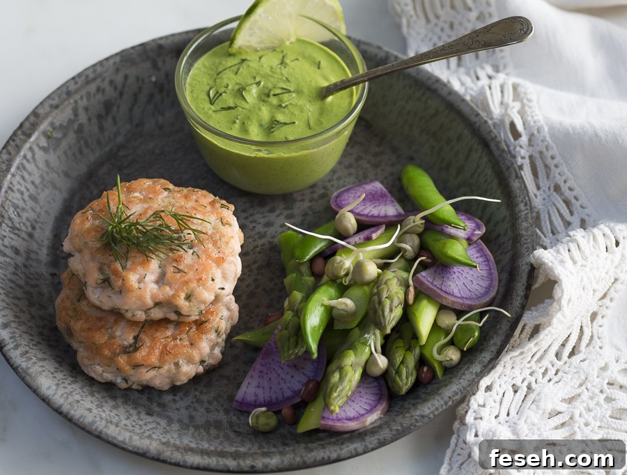 Salmon cakes with spring vegetables