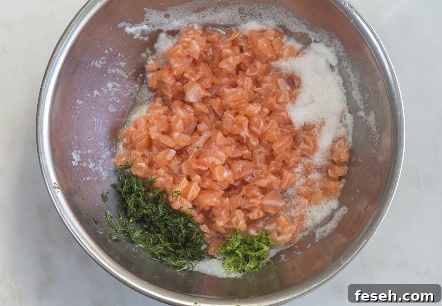 Diced salmon in egg white