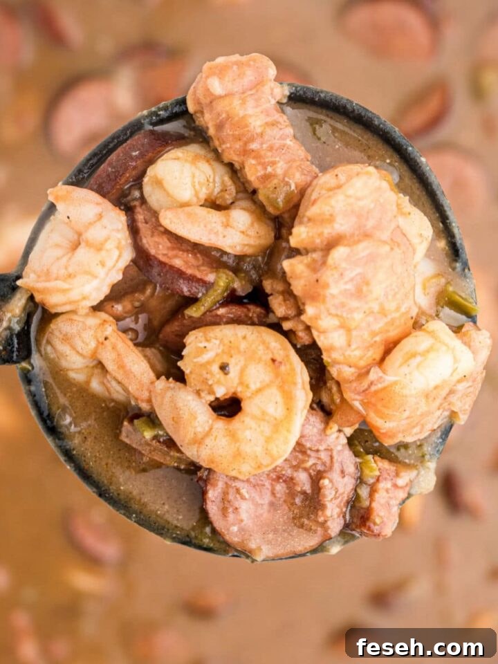 a ladle full of alligator gumbo - with shrimp alligator and sausage