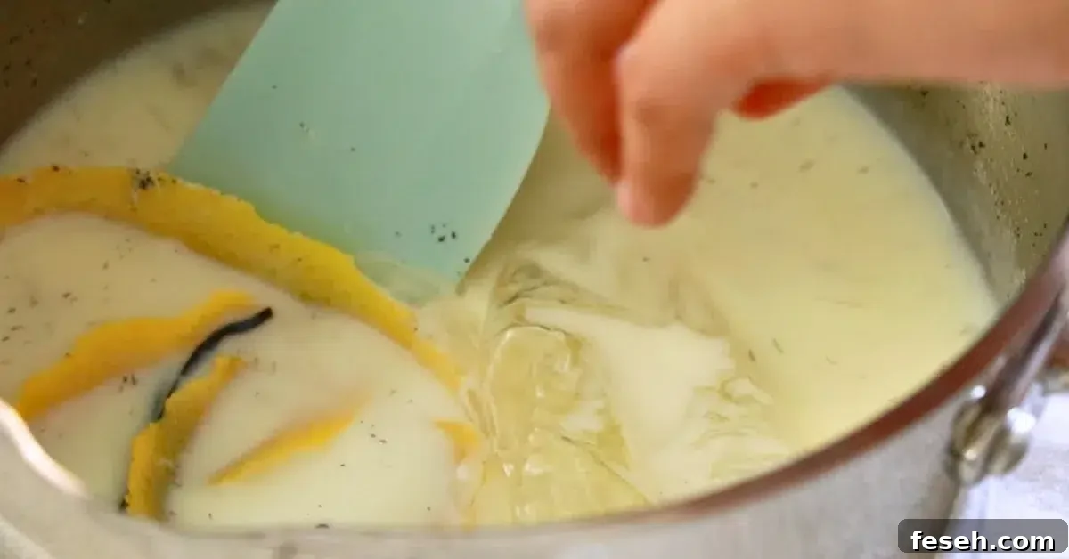 adding gelatin to sugar, milk, lemon peel, and vanilla beans in a pot