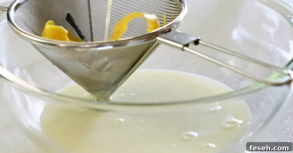 straining vanilla panna cotta base