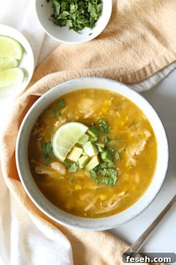 bowl of green chili chicken soup topped with cilantro, avocado and lime