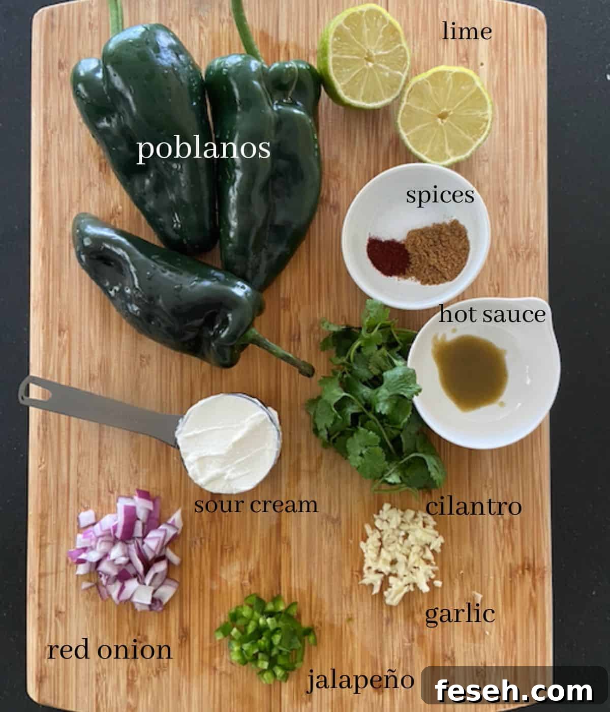 poblano sauce ingredients on a cutting board with text