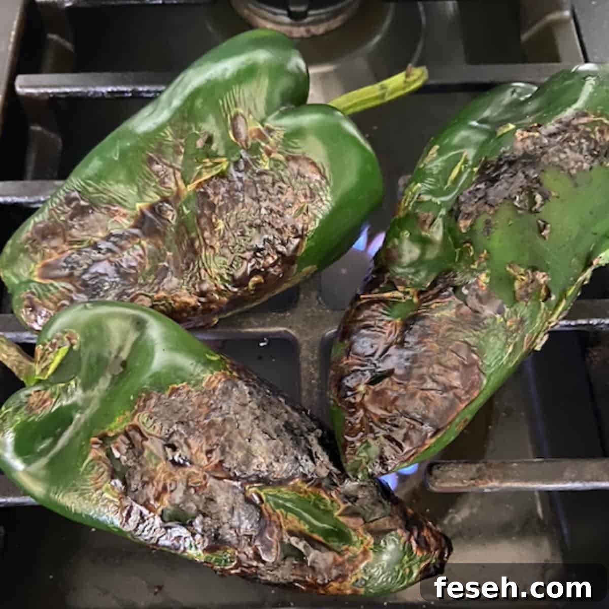 Poblano peppers cooking over fire on the stovetop burner.