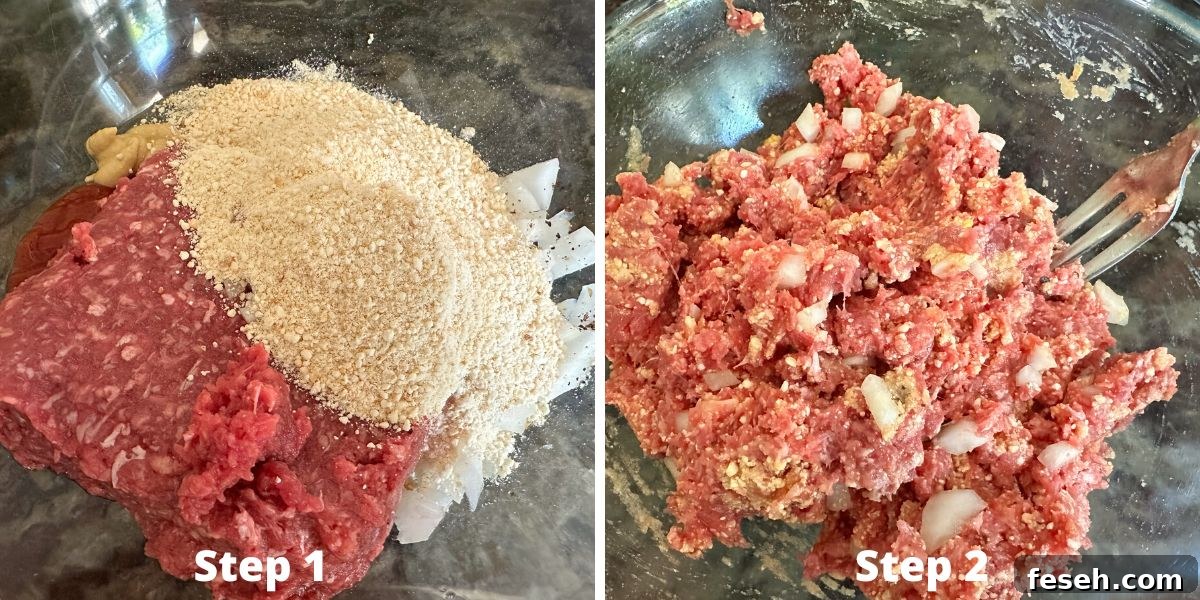 Photos showing mixing the onions and seasonings into the hamburger meat.
