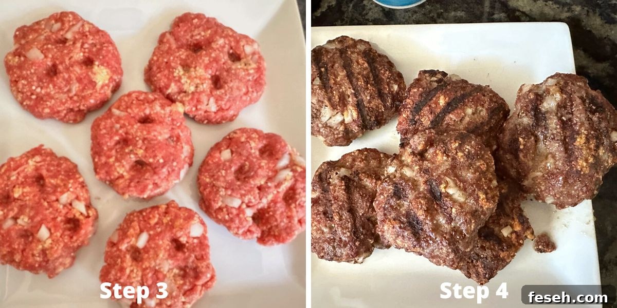 Photos showing the raw patties and the cooked patties.