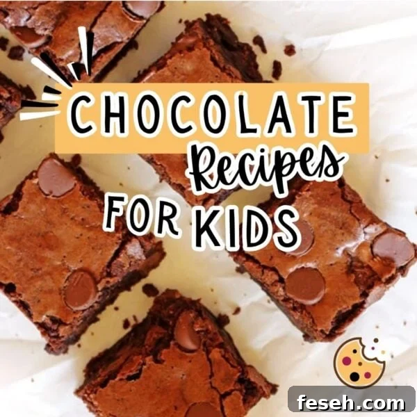 A picture of homemade brownies with overlay text that says chocolate recipes for kids.