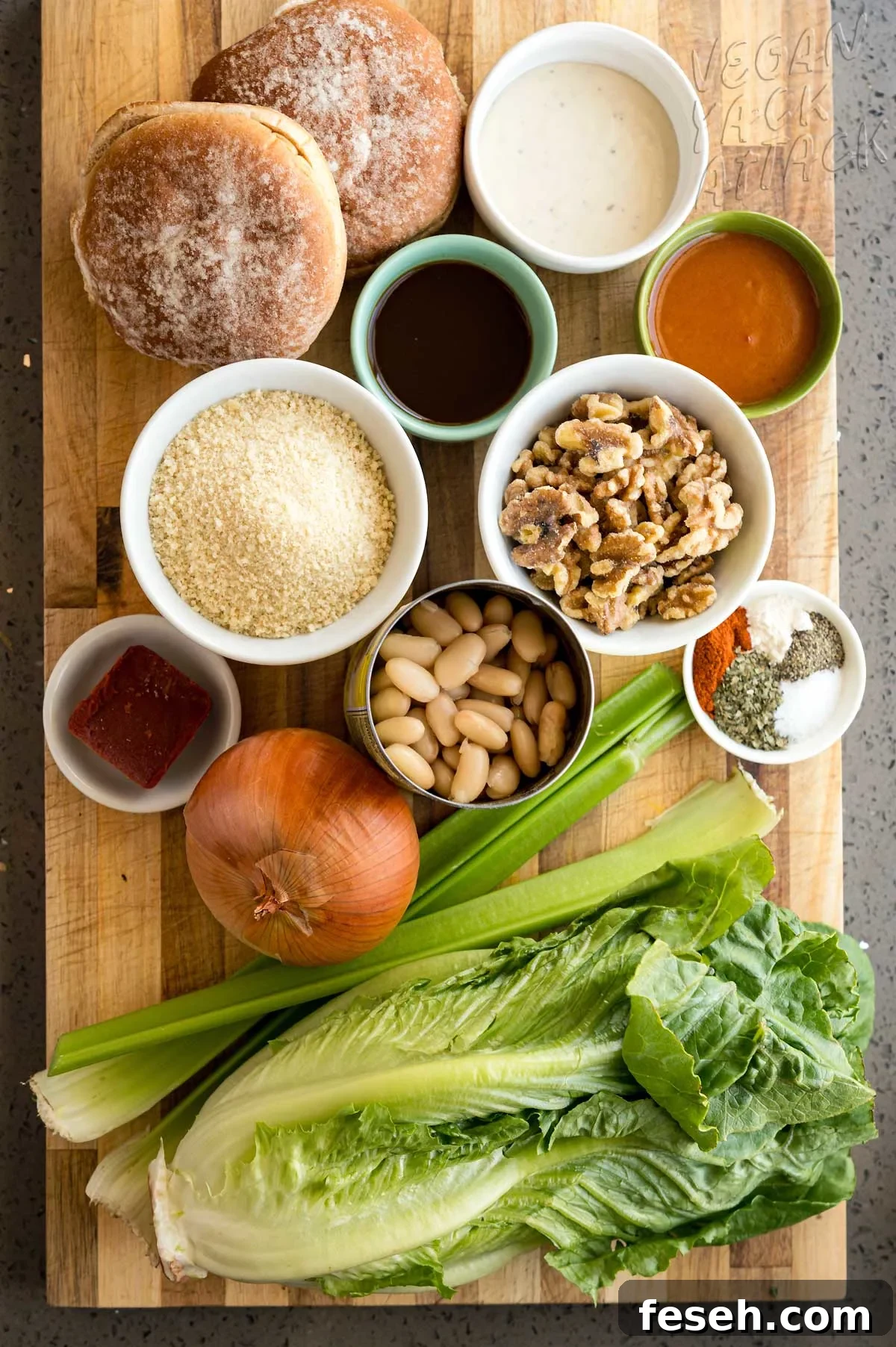 ingredients for buffalo white bean burgers on a cutting board