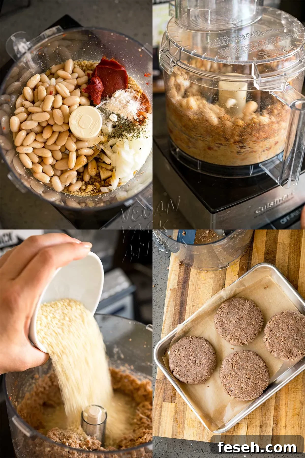collage of processing burger mixture in a food processor and forming into patties