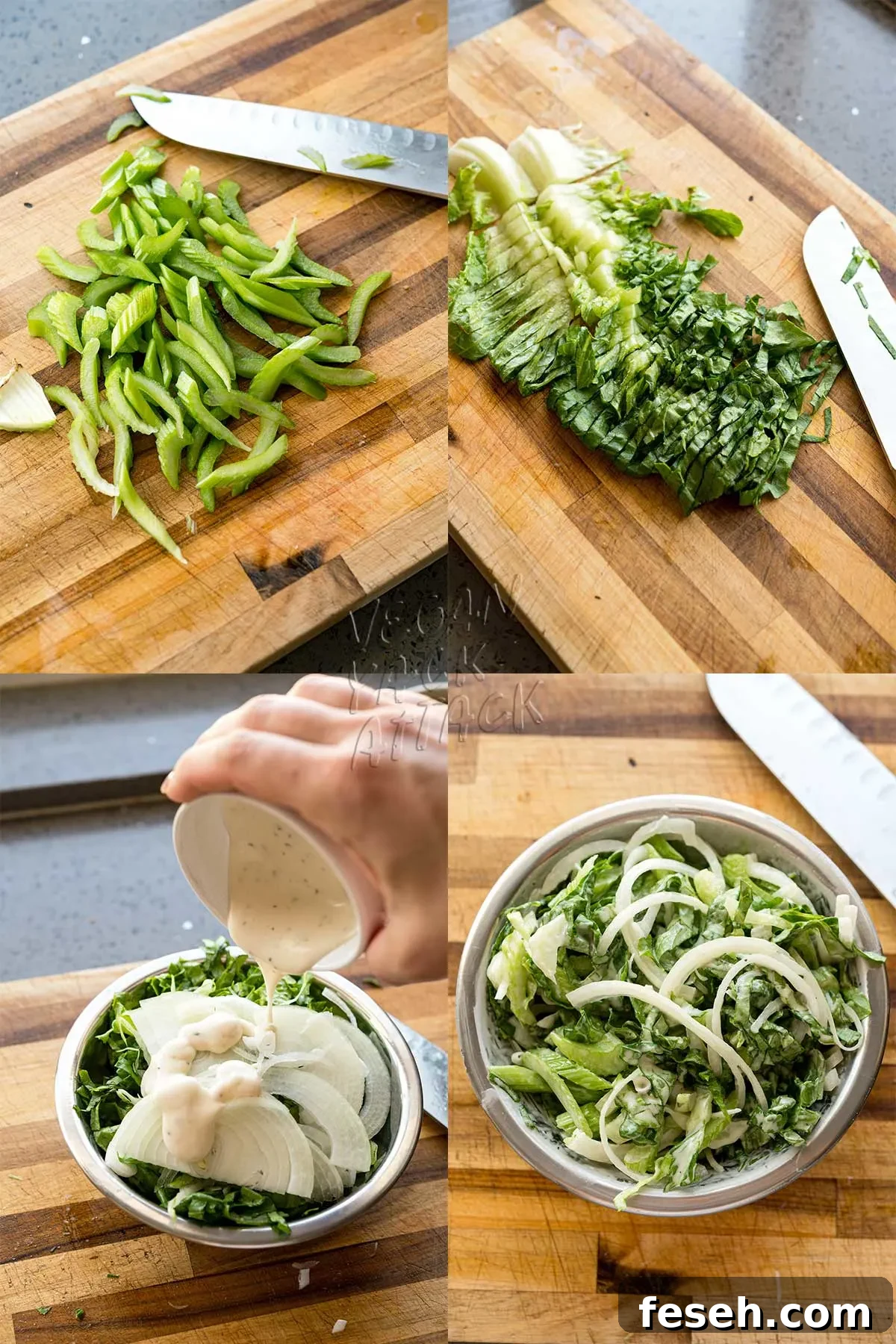 collage of prepped veg and making ranch slaw