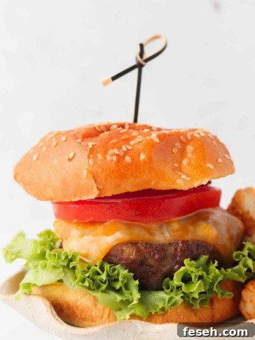 burger with a bun on it with cheese, tomato and lettuce