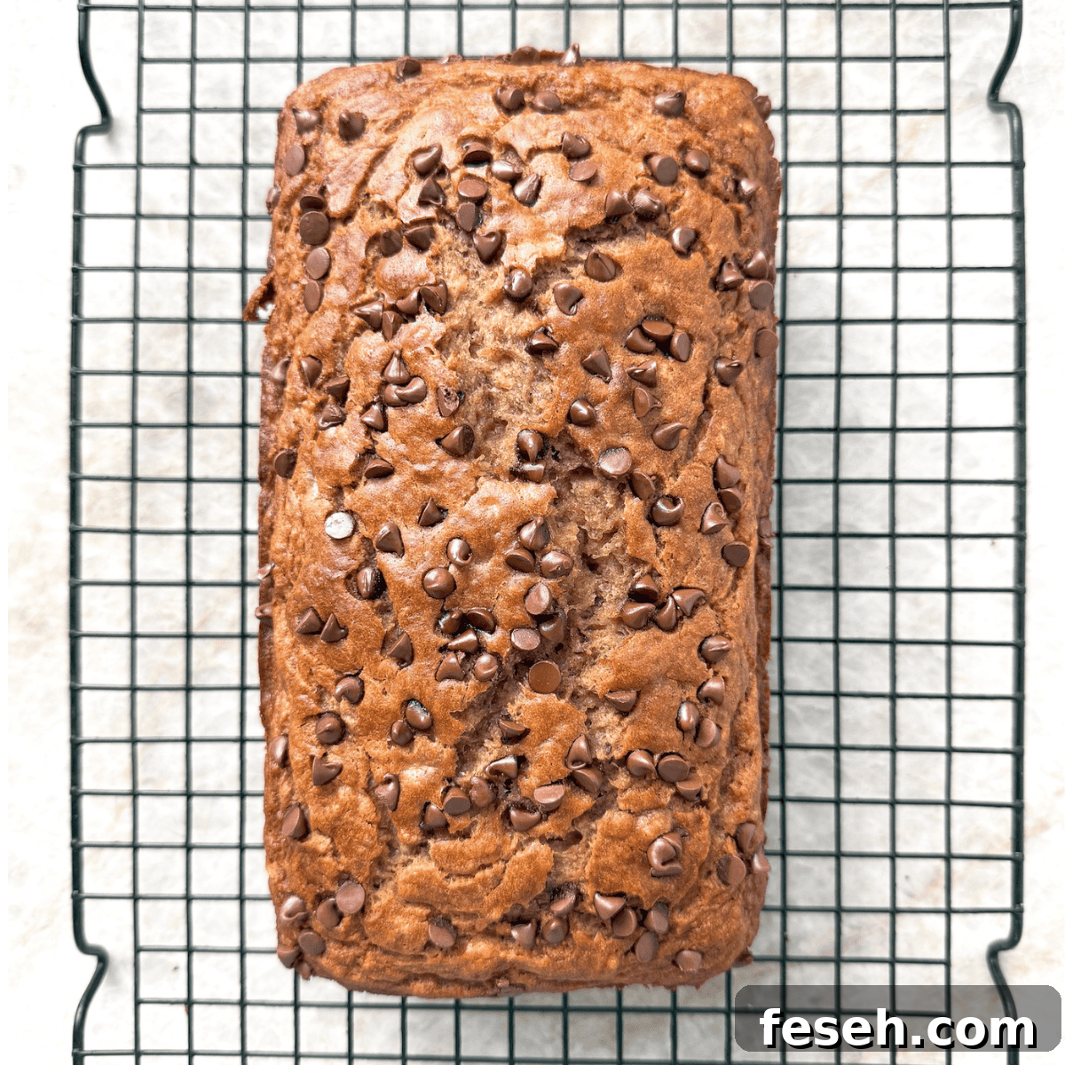 chocolate chip banana bread on cooling rack