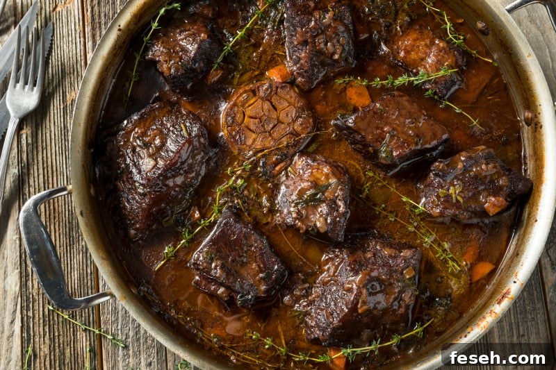 a dutch oven with braised beef short ribs just out of the oven, set on a rustic wooden table next to a fork and a spoon
