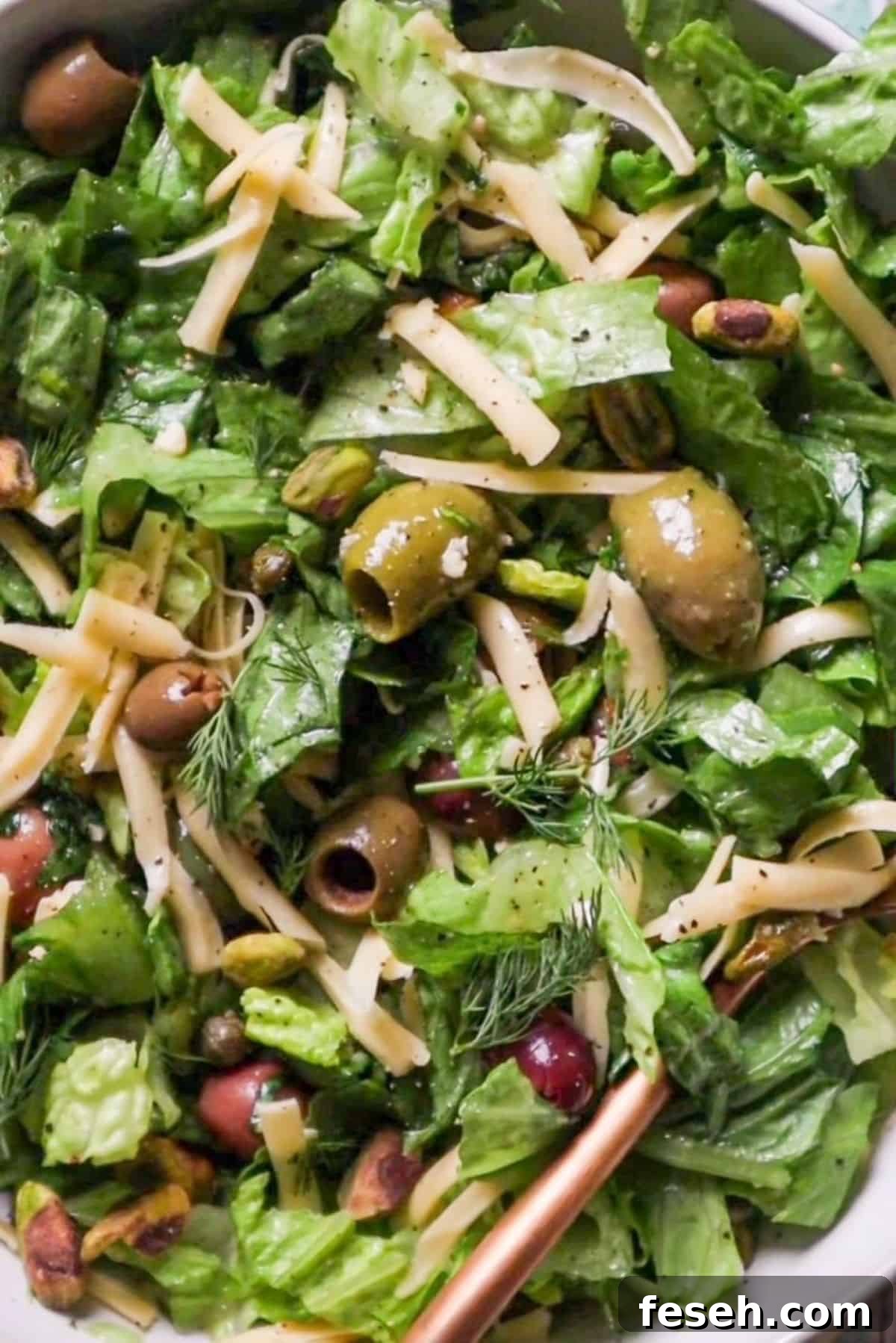 Crunchy Romaine Salad with Pistachios, Olives & Garlic Herb Dressing