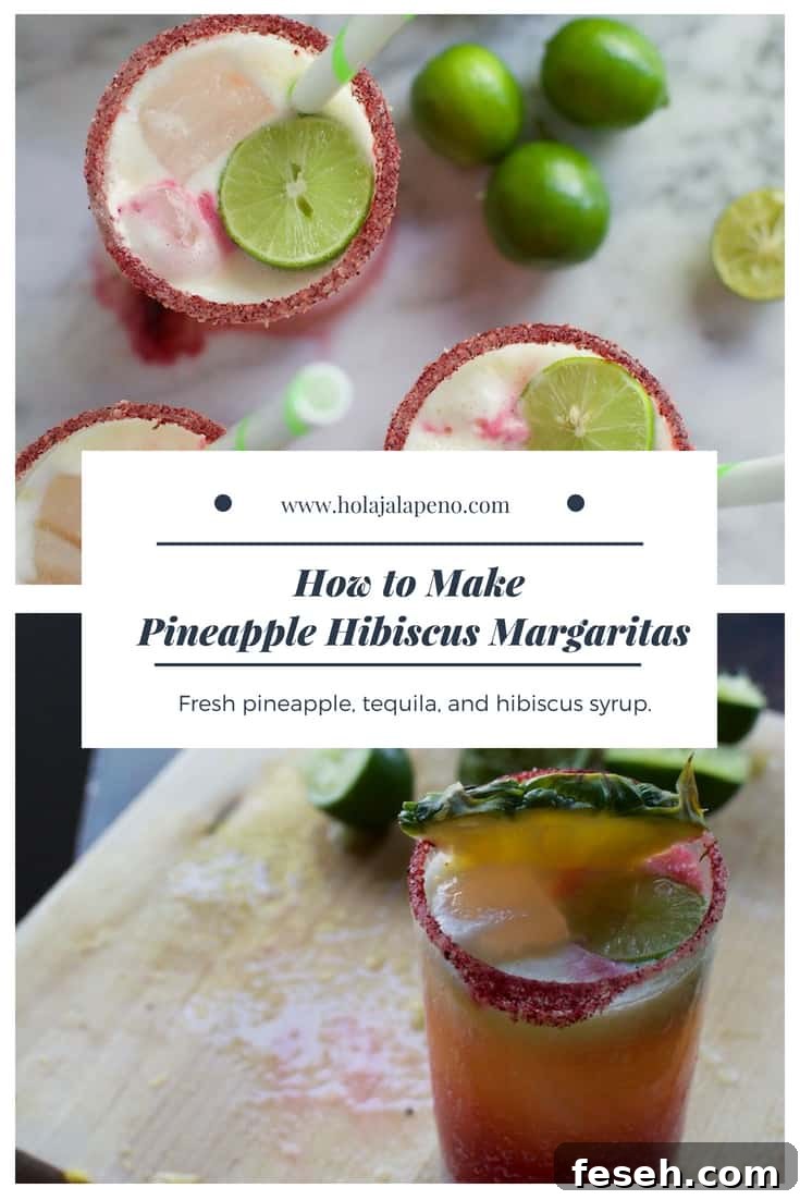 This Pineapple Hibiscus Margarita is made with fresh pineapple puree, organic blanco tequila, and hibiscus syrup. Perfect to celebrate Cinco de Mayo! #margaritarecipe #pineapplemargarita #hibiscusmargarita