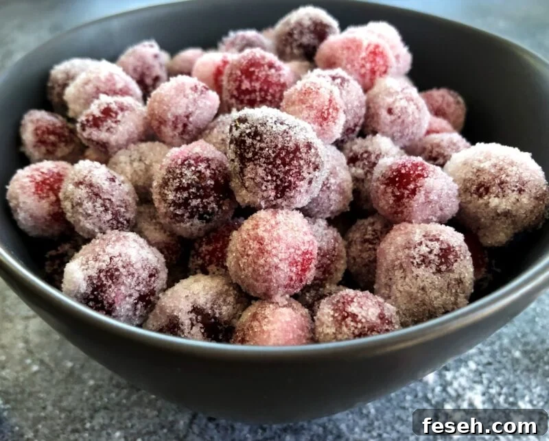 boozy candied cranberries in a bowl.