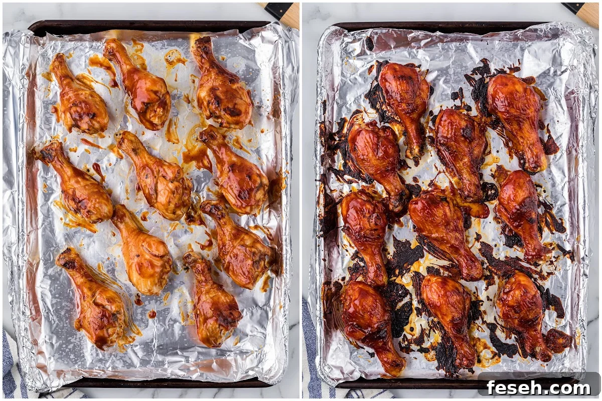 barbecued chicken drumsticks on foil lined baking sheet before and after adding barbecue sauce.