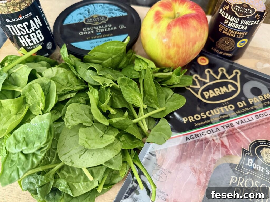ingredients for Apple Prosciutto Spinach Salads