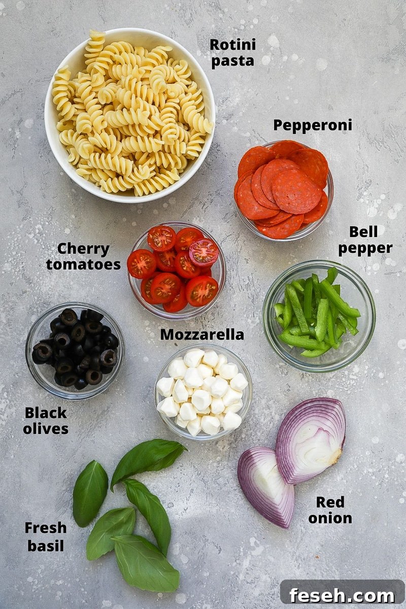 Ingredients used to make a pizza pasta salad
