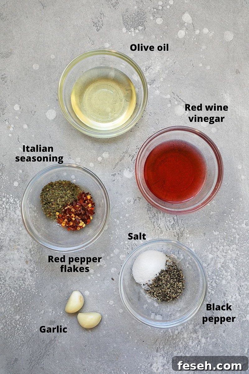 Ingredients used to make a spicy Italian vinaigrette for pasta salad