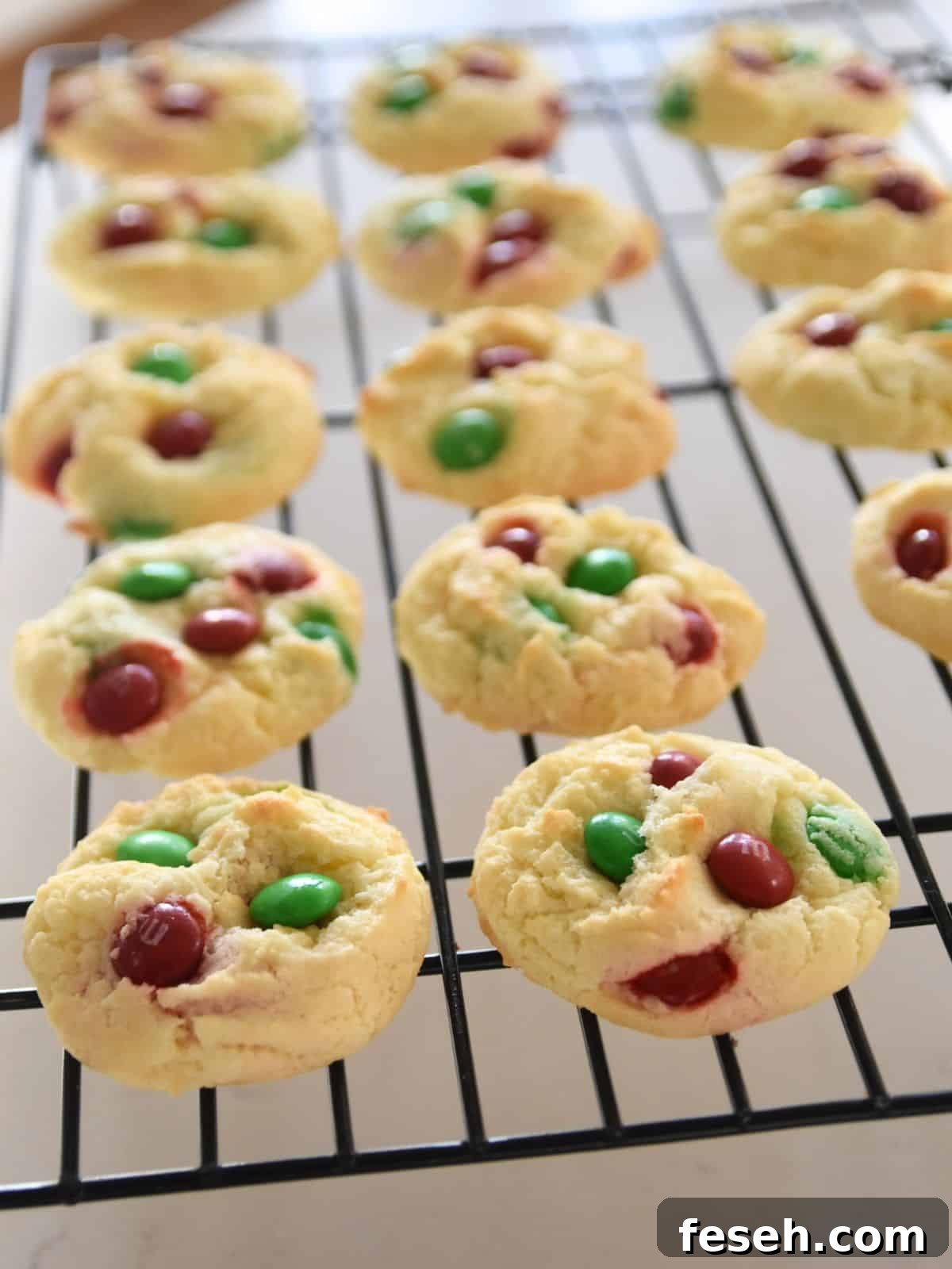Cake Mix Christmas Cookies with M&Ms on cooling rack