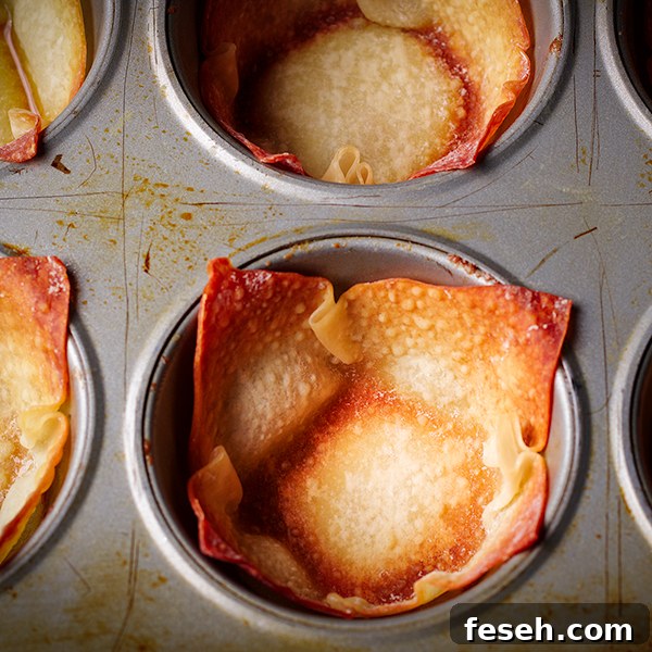 Freshly baked crispy wonton shells in a muffin tin.