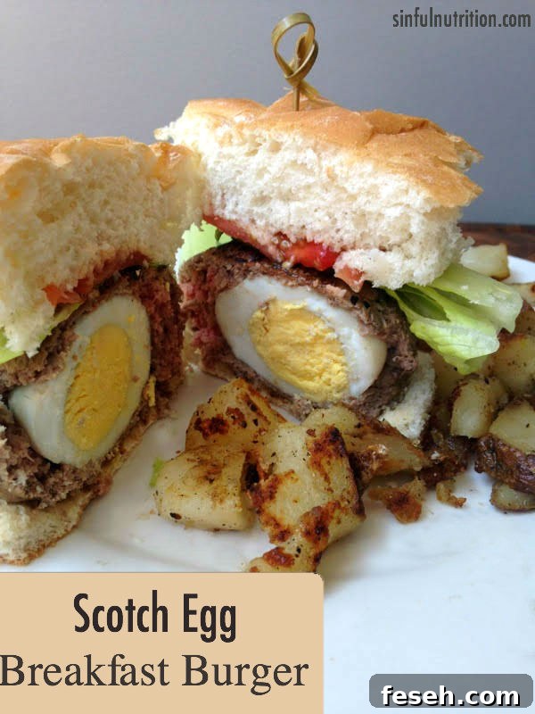 Whip up this scotch egg breakfast burger recipe for a protein packed meal to power you through 'til lunch!