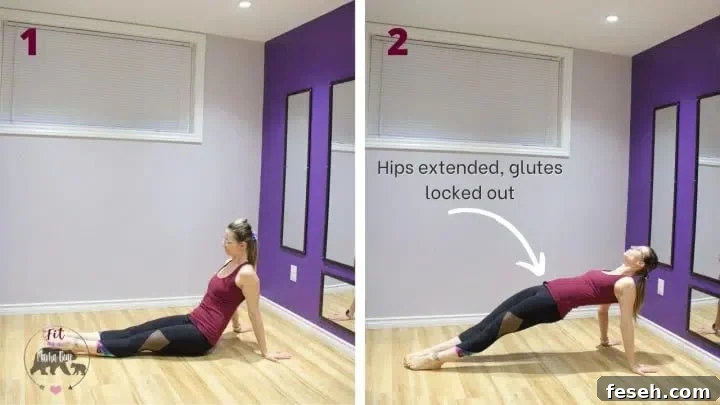 Two images of a woman in maroon shirt and black pants performing a reverse plank with text about pointers