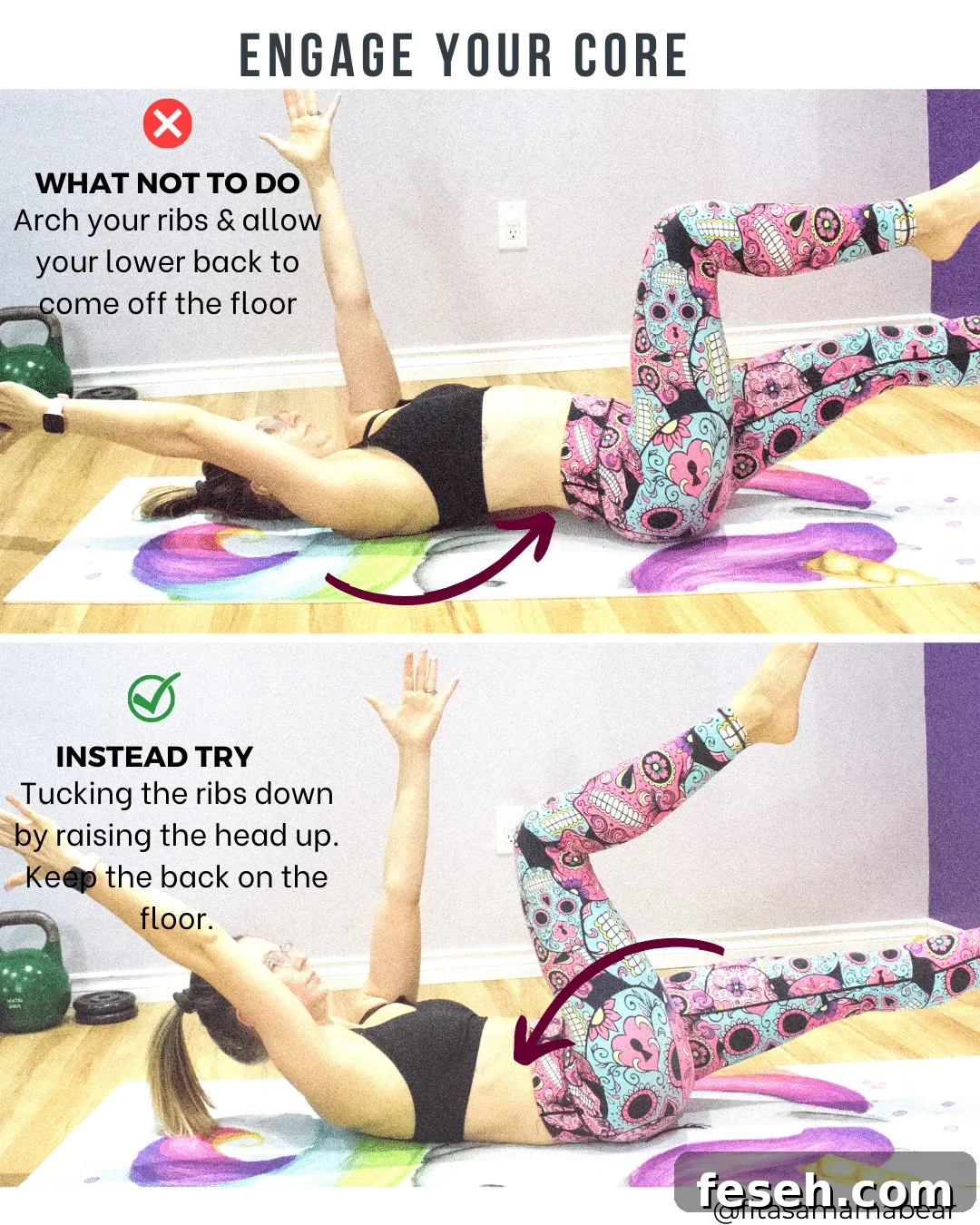Two images of a woman in bright pants and a black sports bra performing an exercise on a unicorn yoga mat on her back with arms and legs extended