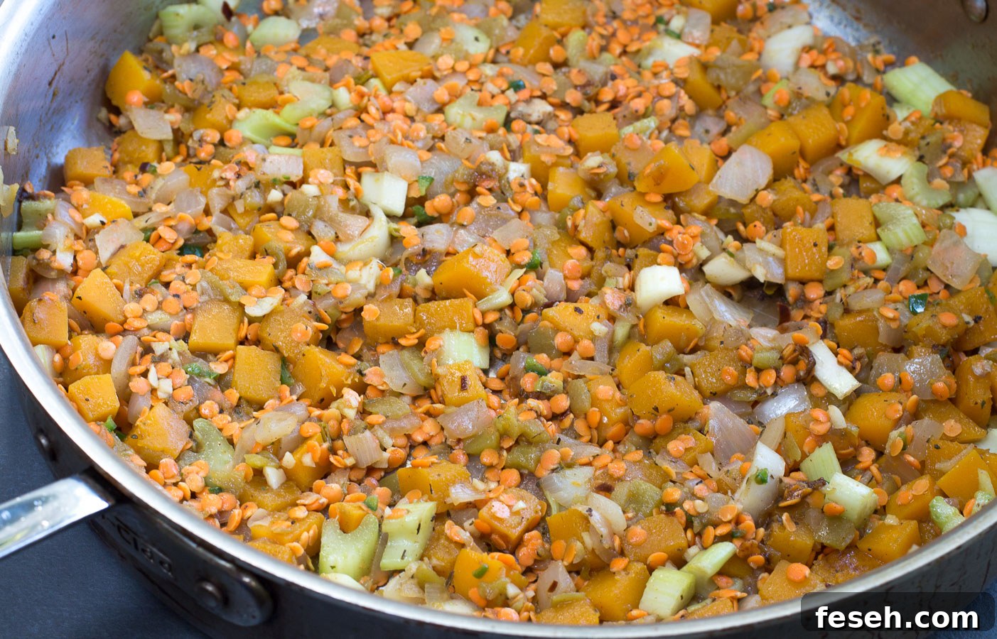 Chicken, Lentil & Butternut Squash Chili Recipe for Fall Nights 5 Cooking veggies with butternut squash and lentils