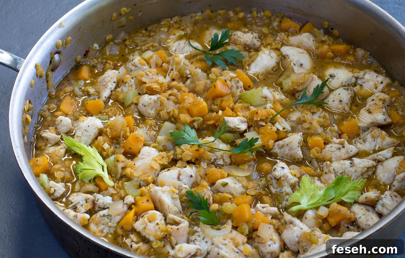 Chicken, Lentil & Butternut Squash Chili Recipe for Fall Nights 6 Add broth and chicken, simmer until tender