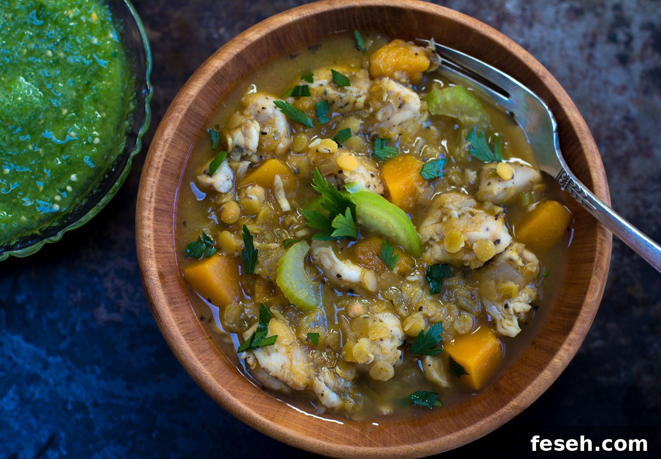 Chicken, Lentil & Butternut Squash Chili Recipe for Fall Nights 7 Finished chili garnished with herbs