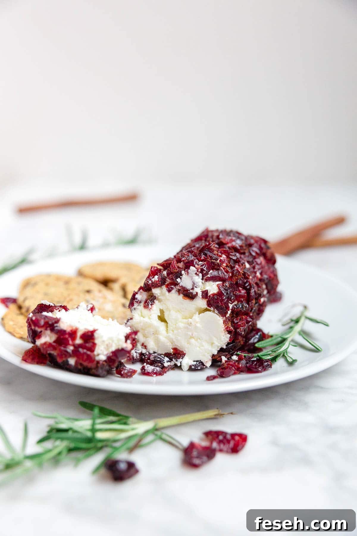Cranberry cinnamon goat cheese log on a plate with gluten-free crackers.