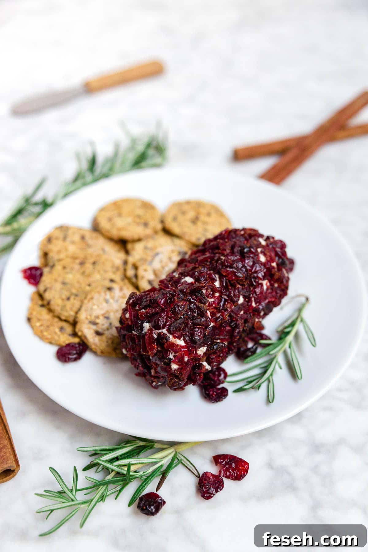A plate with cranberry cinnamon goat cheese log and cinnamon sticks.