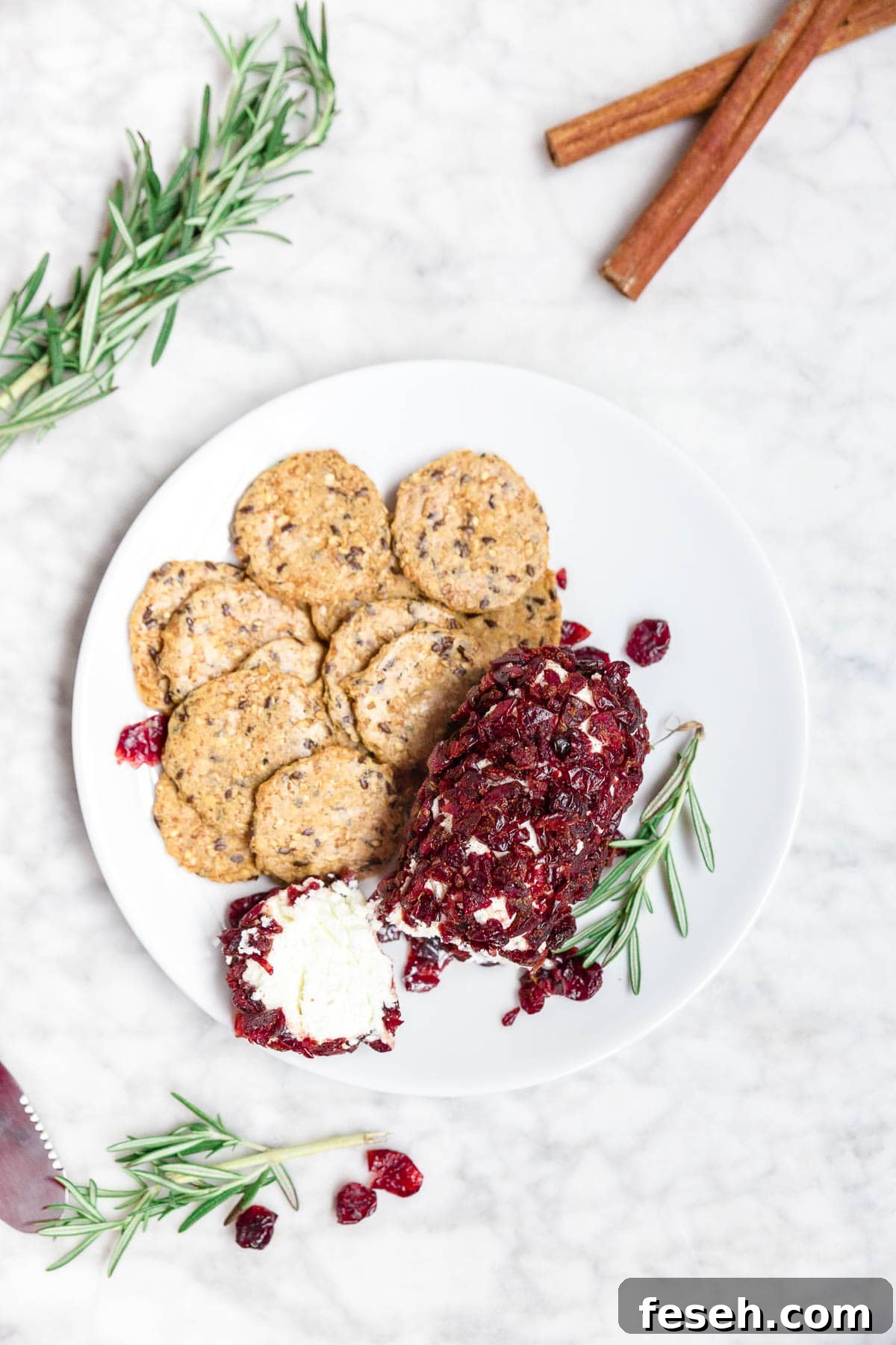 A plate of gluten-free crackers and cranberry goat cheese log.