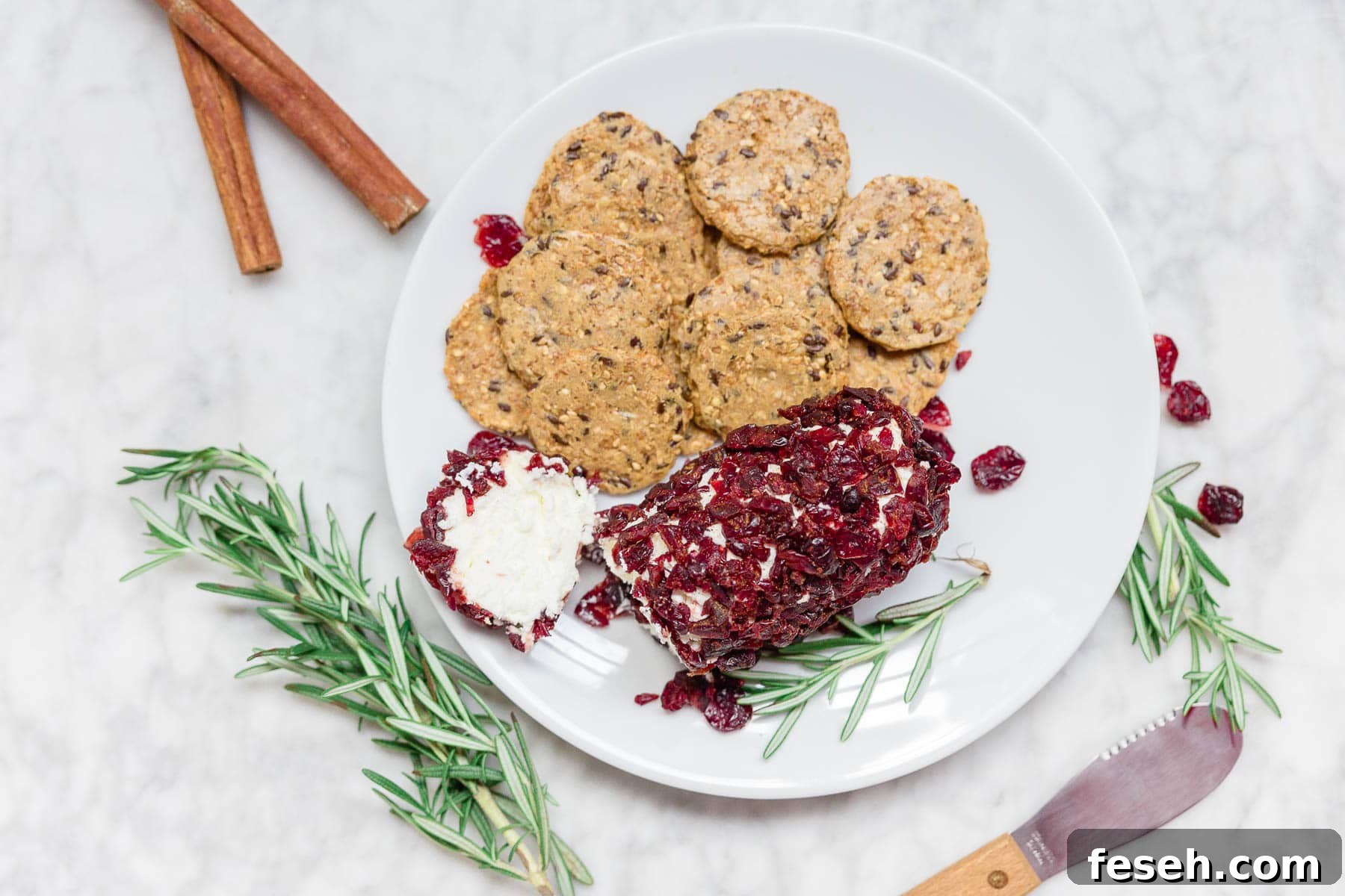 Plate of gluten-free crackers with cranberry rolled goat cheese log and cinnamon.