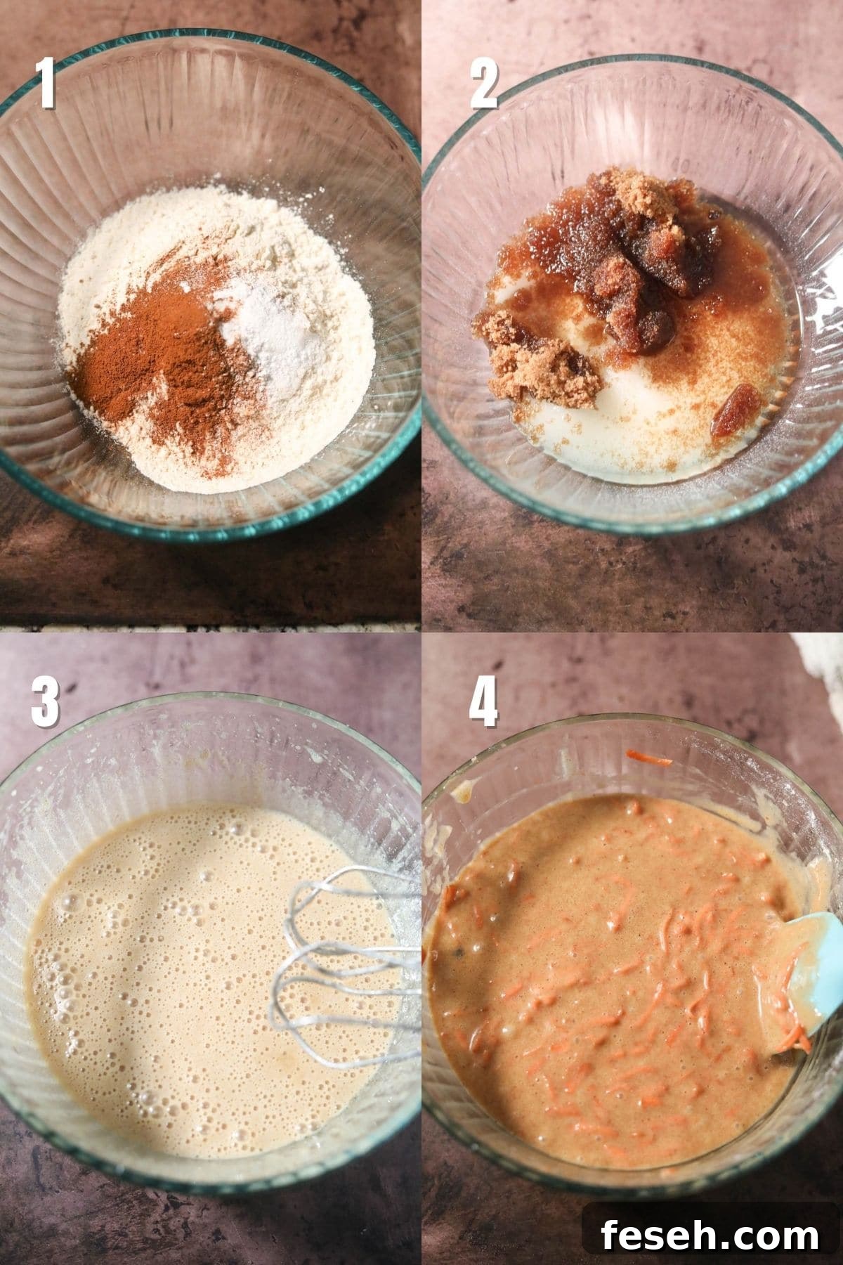 Step-by-step images for making carrot cake loaf.