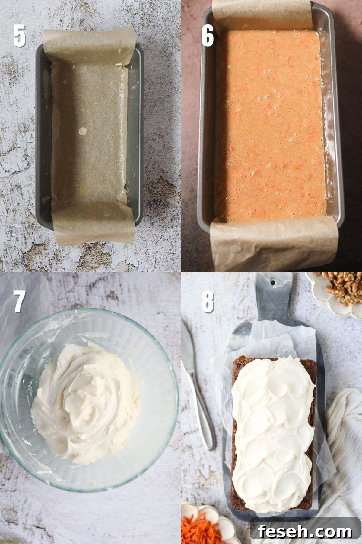 Step-by-step images for making carrot cake loaf.