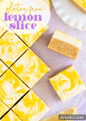 Pieces of slice on a pale purple background, text overlay reads: "gluten free lemon slice".