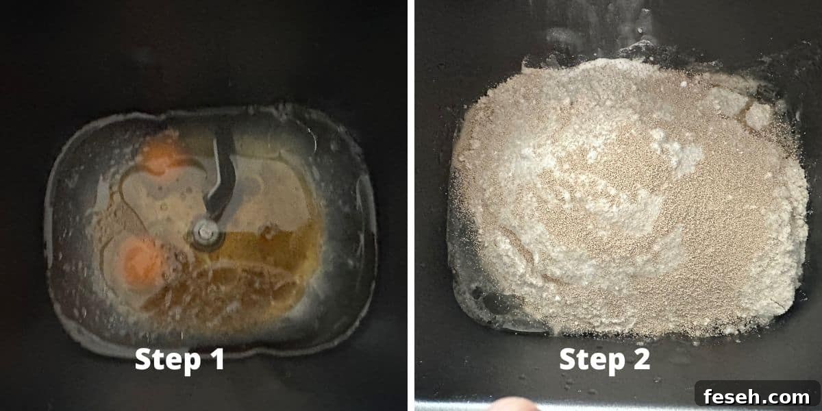 Photos of steps 1 and 2 making this whole grain bread in the bread machine.