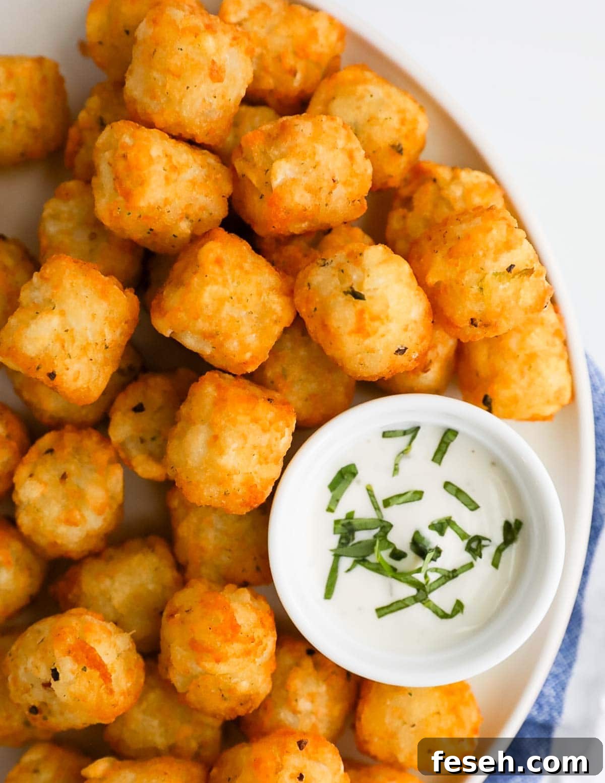 A close-up picture of tater tots on a white plate along with a white dish filled with ranch dressing and fresh basil.