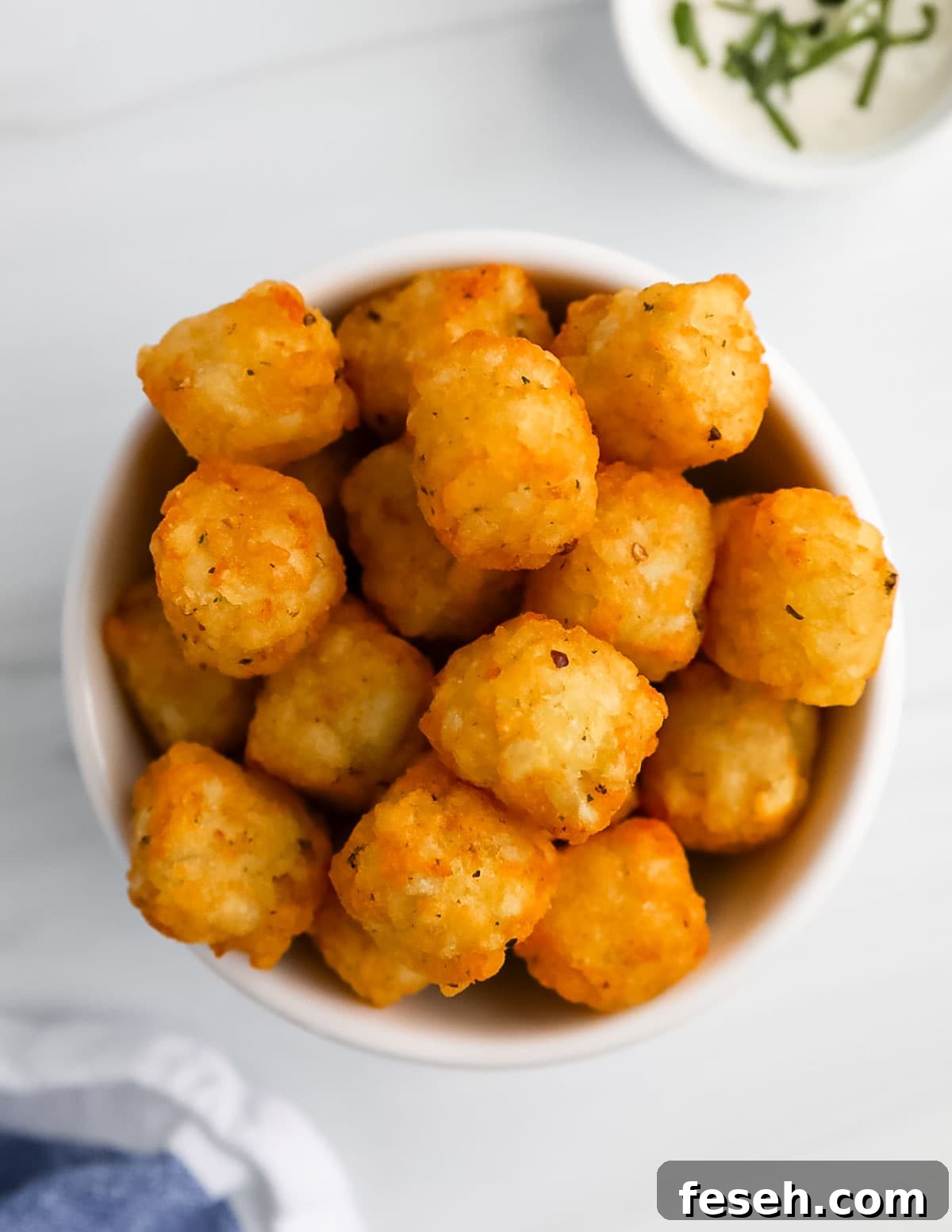 An overhead picture of tater tots in a white bowl.
