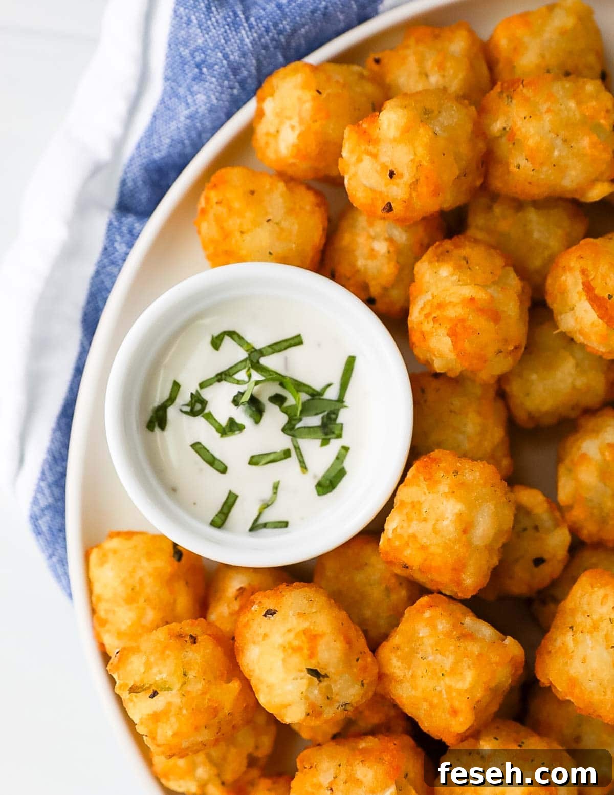 An overhead image of tater tots in on a plate alongside a white dish filled with ranch dressing and fresh herbs.