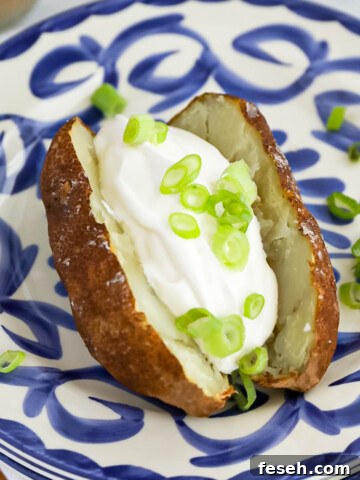 A crispy cooked potato on a blue and white plate.