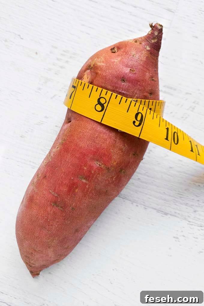Yellow measuring tape measuring raw sweet potato