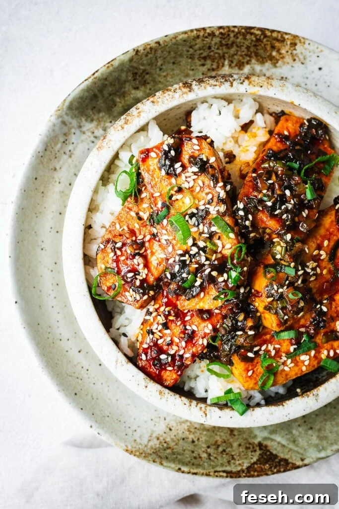 Top down close-up of a ceramic bowl with white rice topped with Korean braised tofu, sesame seeds and green onion.