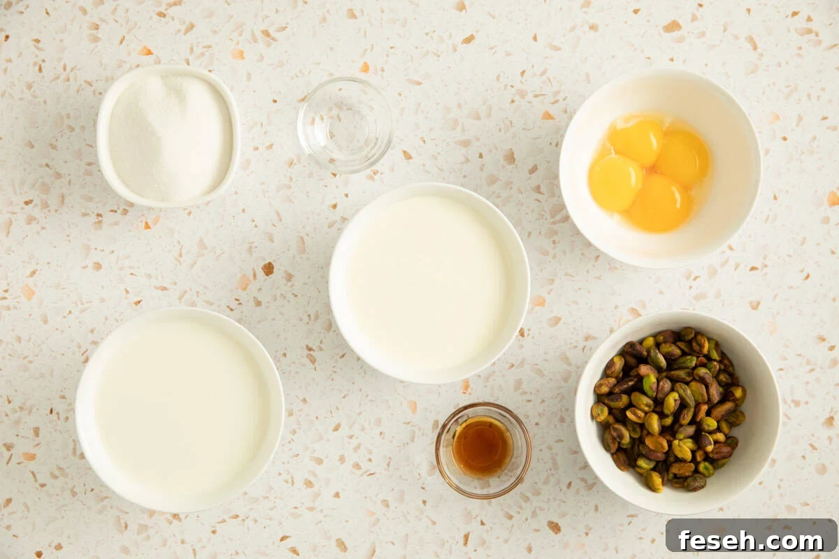 Ingredients for pistachio ice cream laid out on a countertop